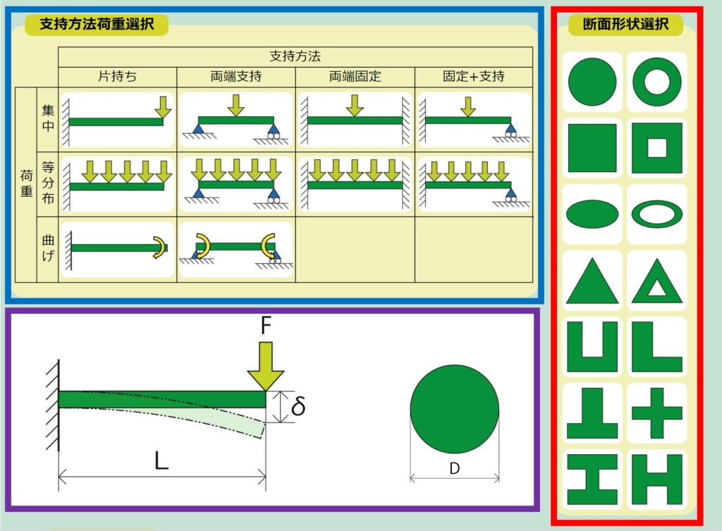 支持方法・荷重・断面形状選択